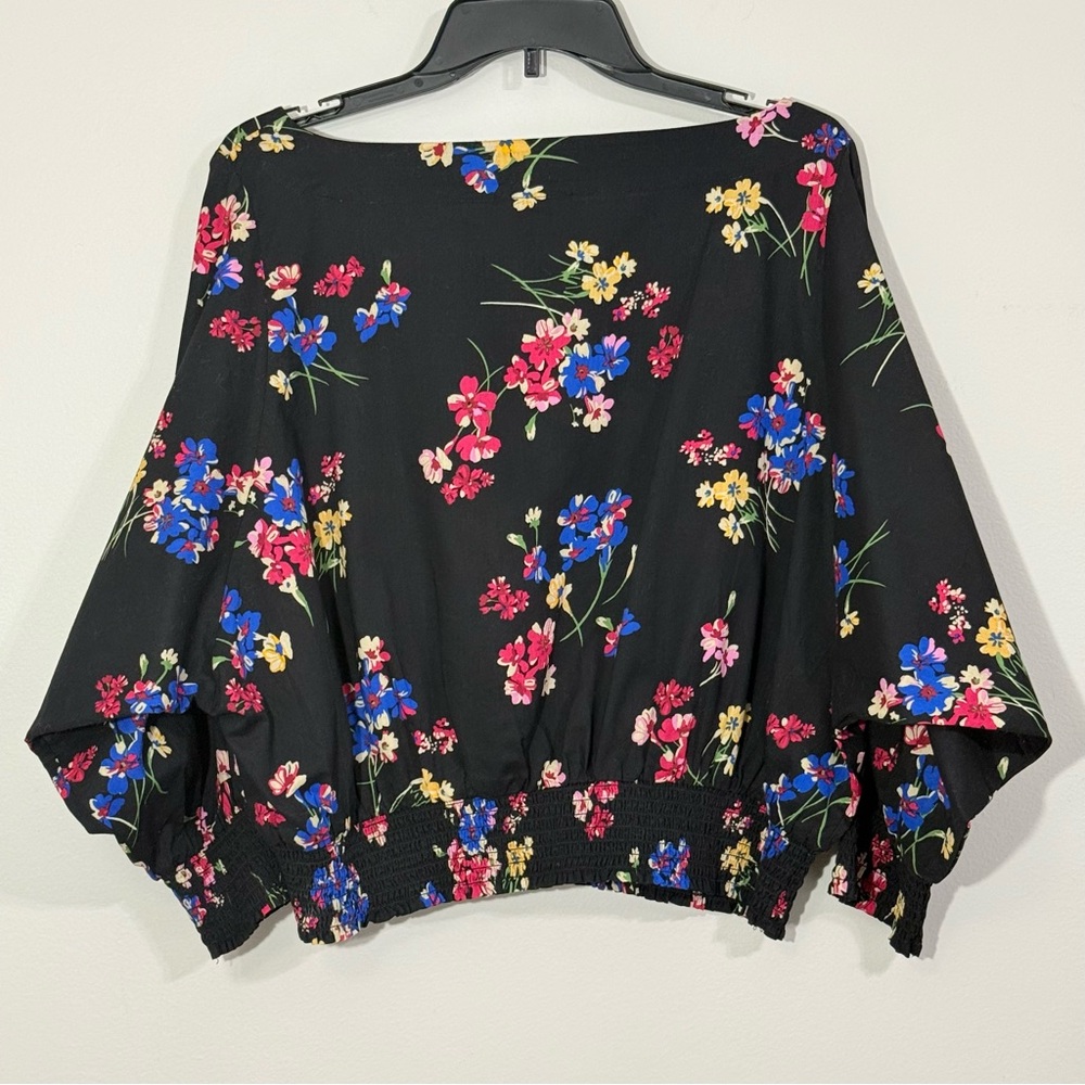 Floral Maeve Anthropologie Black Multi Cotton Smocked Dolman Blouse M Medium - Picture 3 of 9